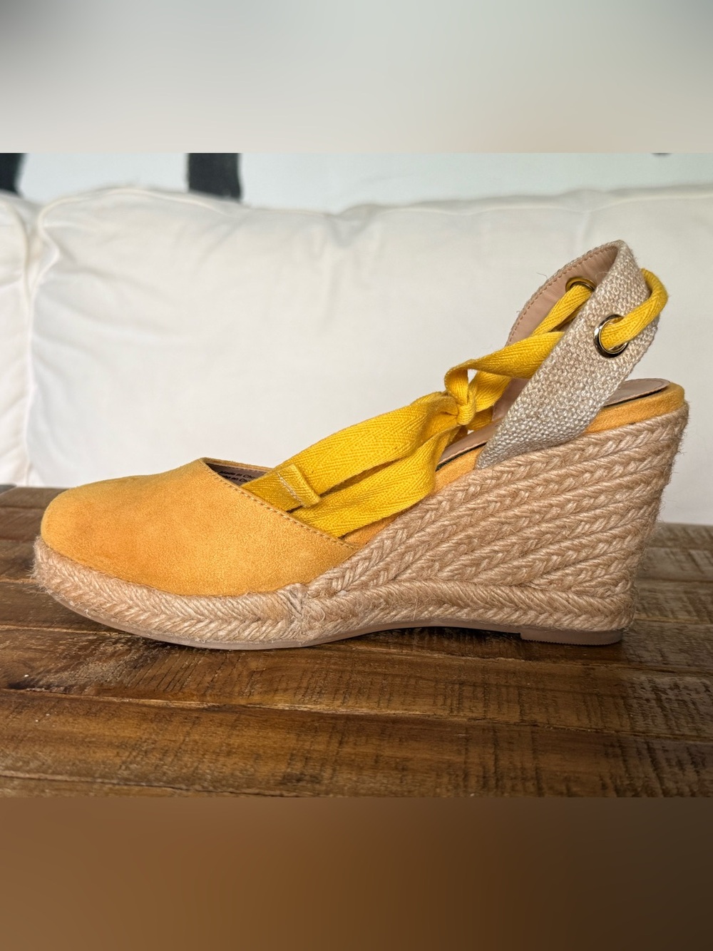 Aldo Mustard Yellow Espadrille Wedge Sandals with Wrap Tie - Picture 3 of 9